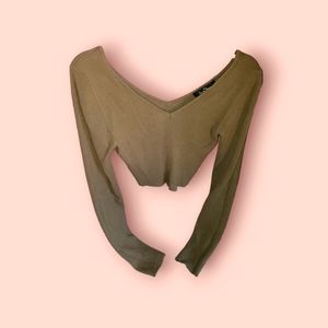 Long Sleeve Army green sweater crop low cut VNeck